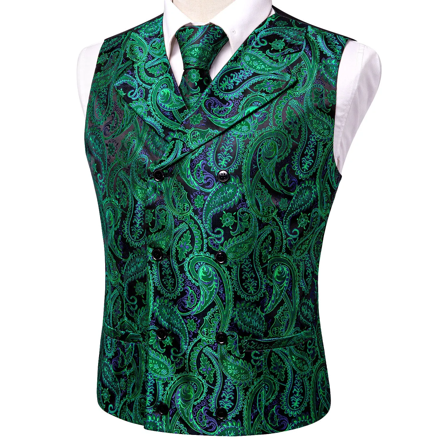 Green Purple Black Paisley Silk Men's Vest Hanky Cufflinks Tie Set Waistcoat Suit Set