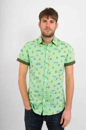 Green Whale Plane Bike Tree Print Cotton Slim Fit Mens Shirt Short Sleeve