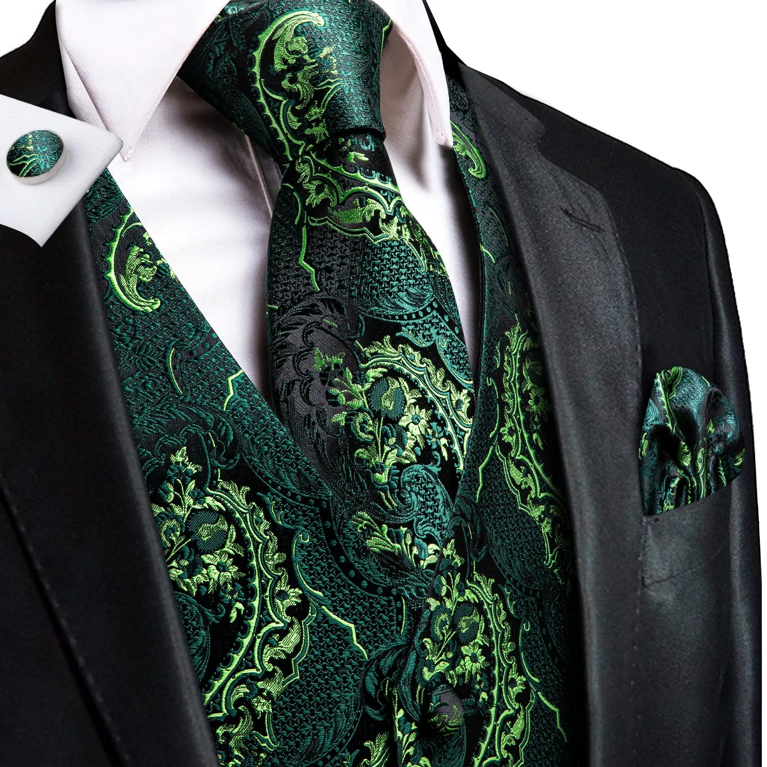 Green Yellow Paisley Silk Men's Vest Hanky Cufflinks Tie Set Waistcoat Suit Set