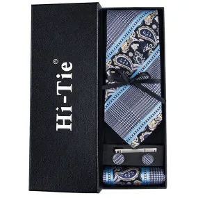 Grey Blue Novelty Tie Pocket Square Cufflinks Set Gift Box Set