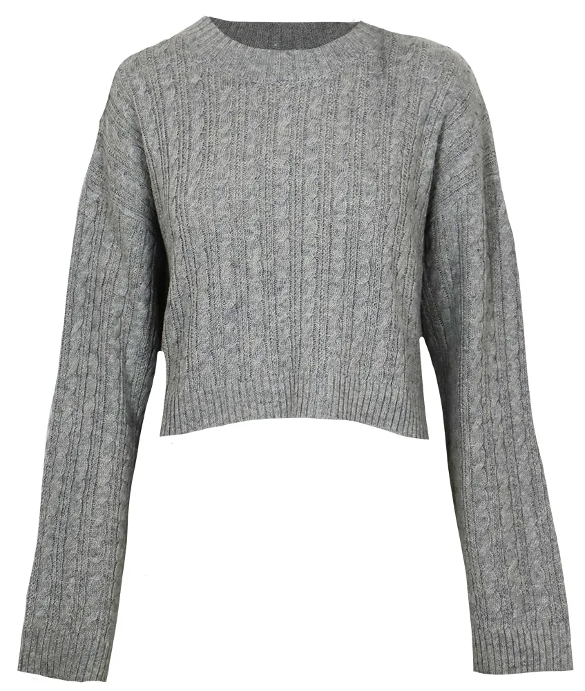 Grey Cable Knit Cropped Sweater