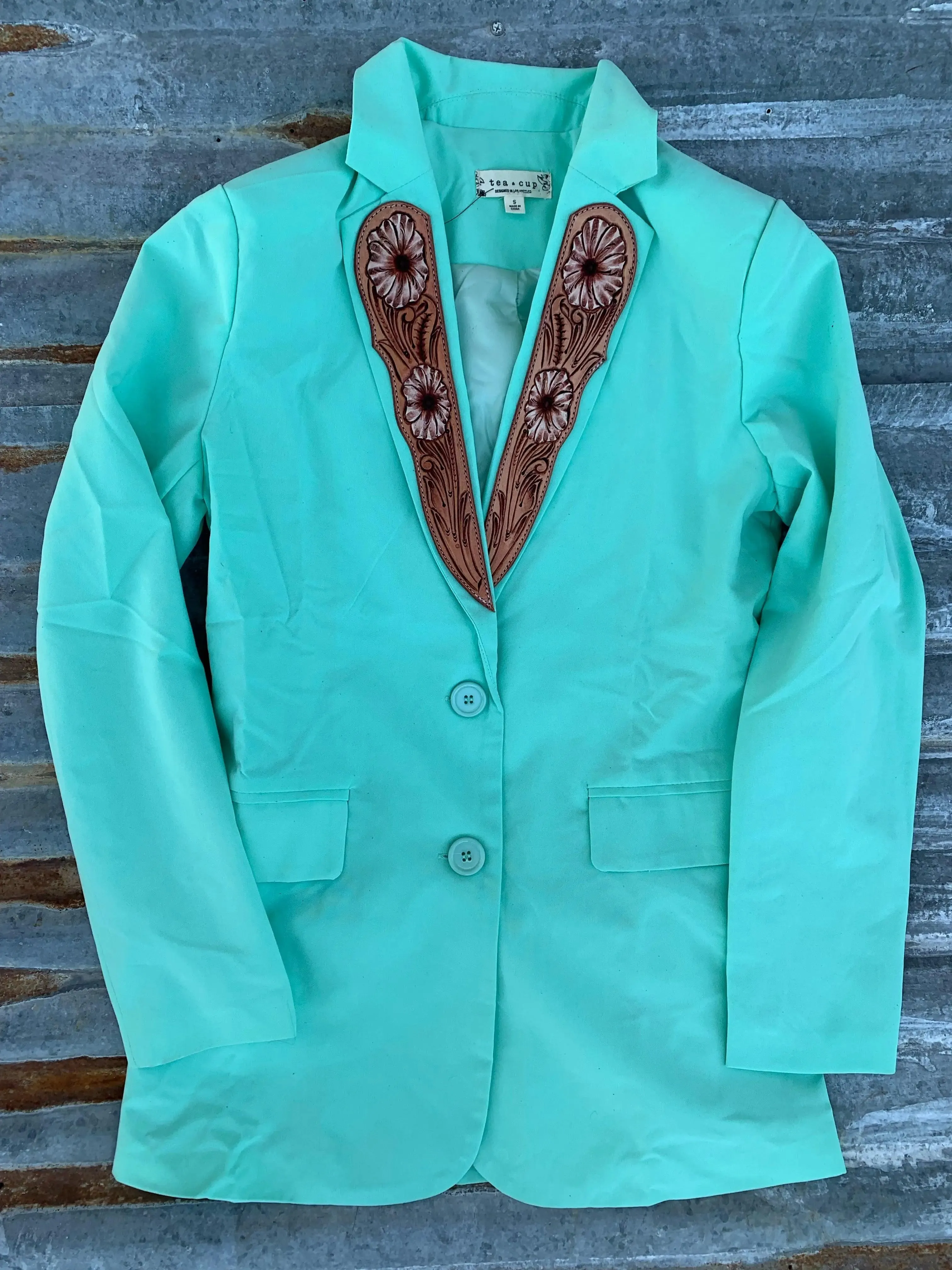 Handtooled Leather Lapel Blazer in Bright Turquoise with White Wash Flowers