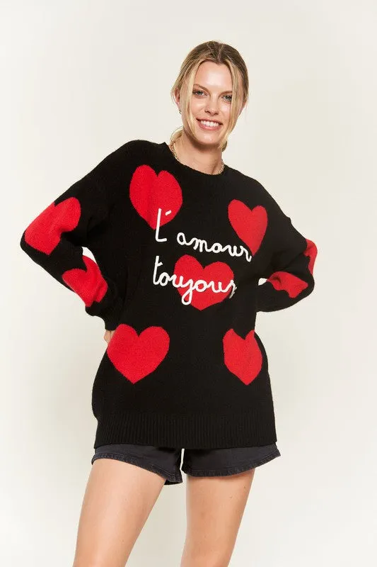 HEART PRINT OVERSIZED SWEATER