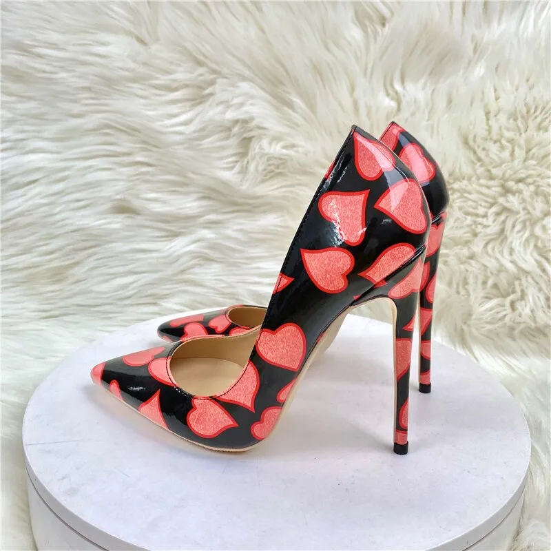 Heart Print Patent Pointed Toe Stiletto Pumps