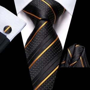 Hi-Tie 67 Inches Black Golden Striped Extra Long Novelty Tie Pocket Square Cufflinks Set