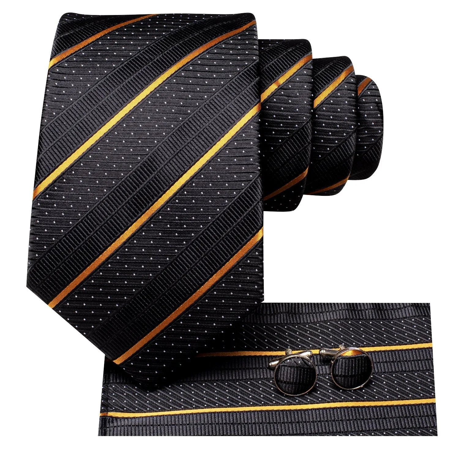 Hi-Tie 67 Inches Black Golden Striped Extra Long Novelty Tie Pocket Square Cufflinks Set