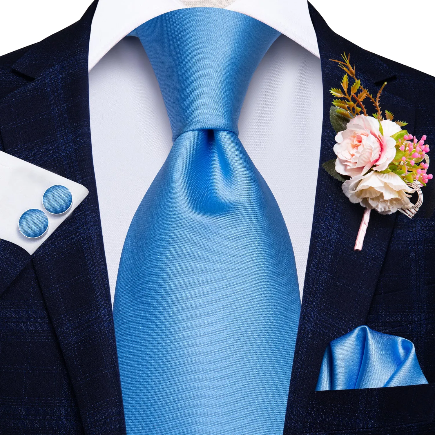 Hi-Tie Baby Blue Tie Handkerchief Cufflinks Set with Wedding Brooch