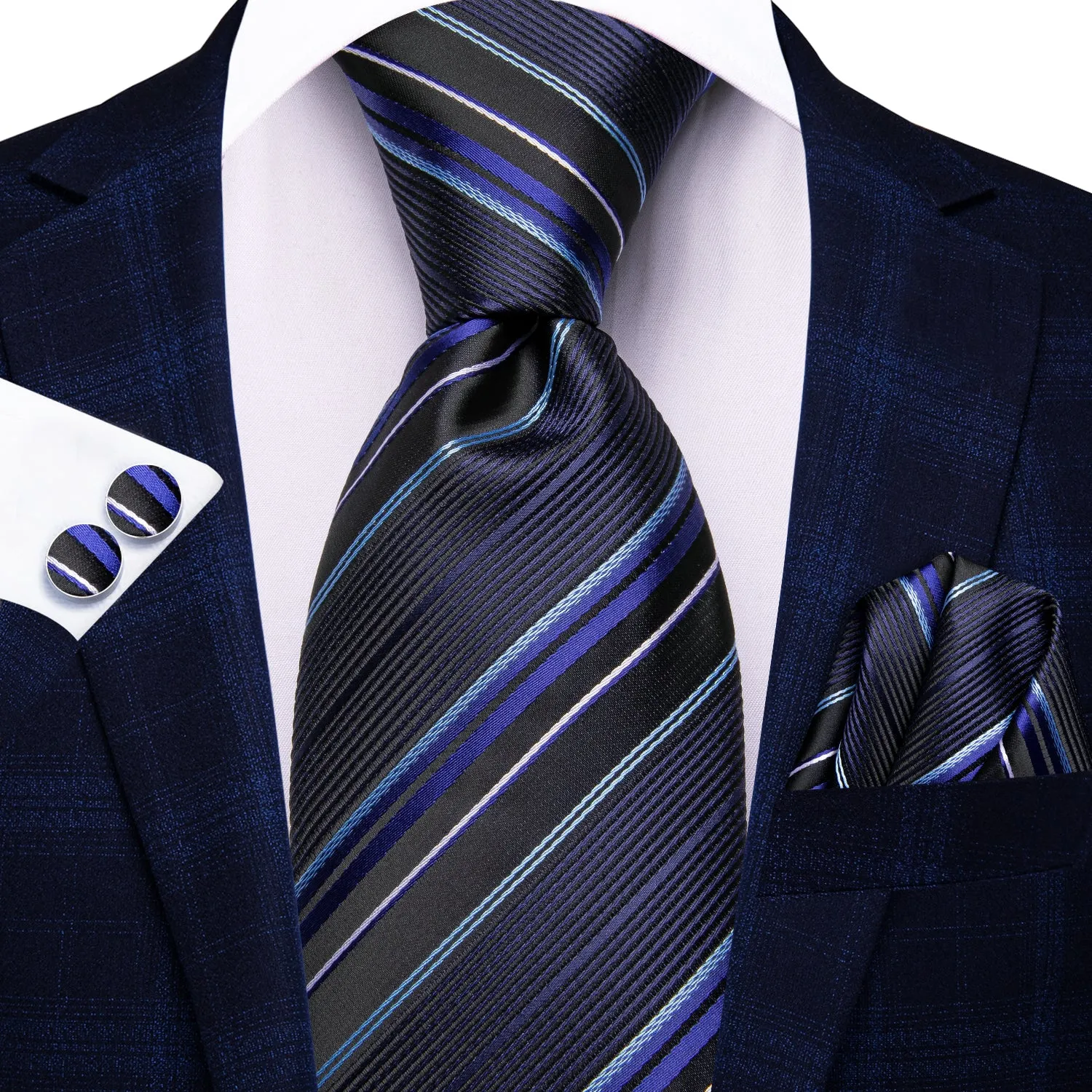 Hi-Tie Black Blue Mens Necktie Striped Tie Pocket Square Cufflinks Set