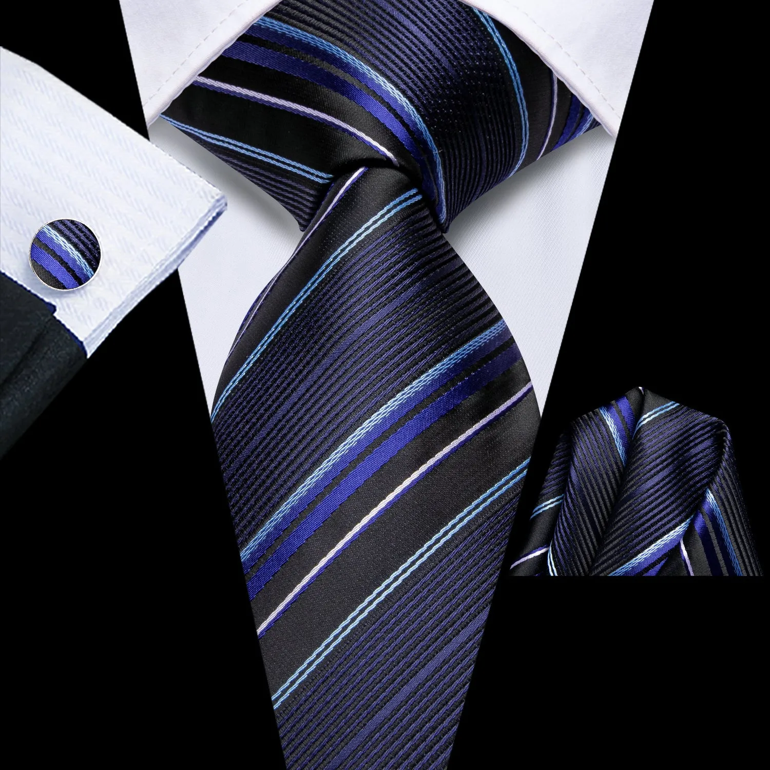 Hi-Tie Black Blue Mens Necktie Striped Tie Pocket Square Cufflinks Set