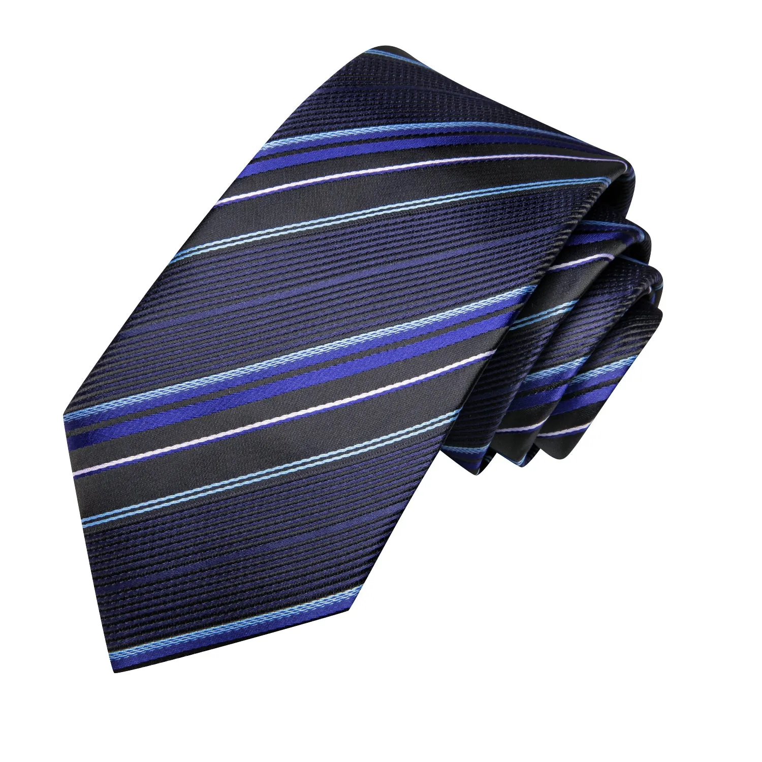 Hi-Tie Black Blue Mens Necktie Striped Tie Pocket Square Cufflinks Set