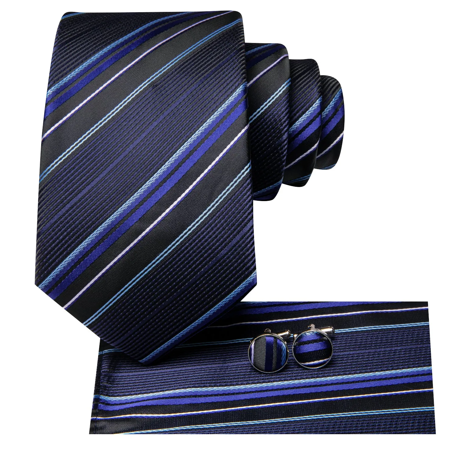 Hi-Tie Black Blue Mens Necktie Striped Tie Pocket Square Cufflinks Set