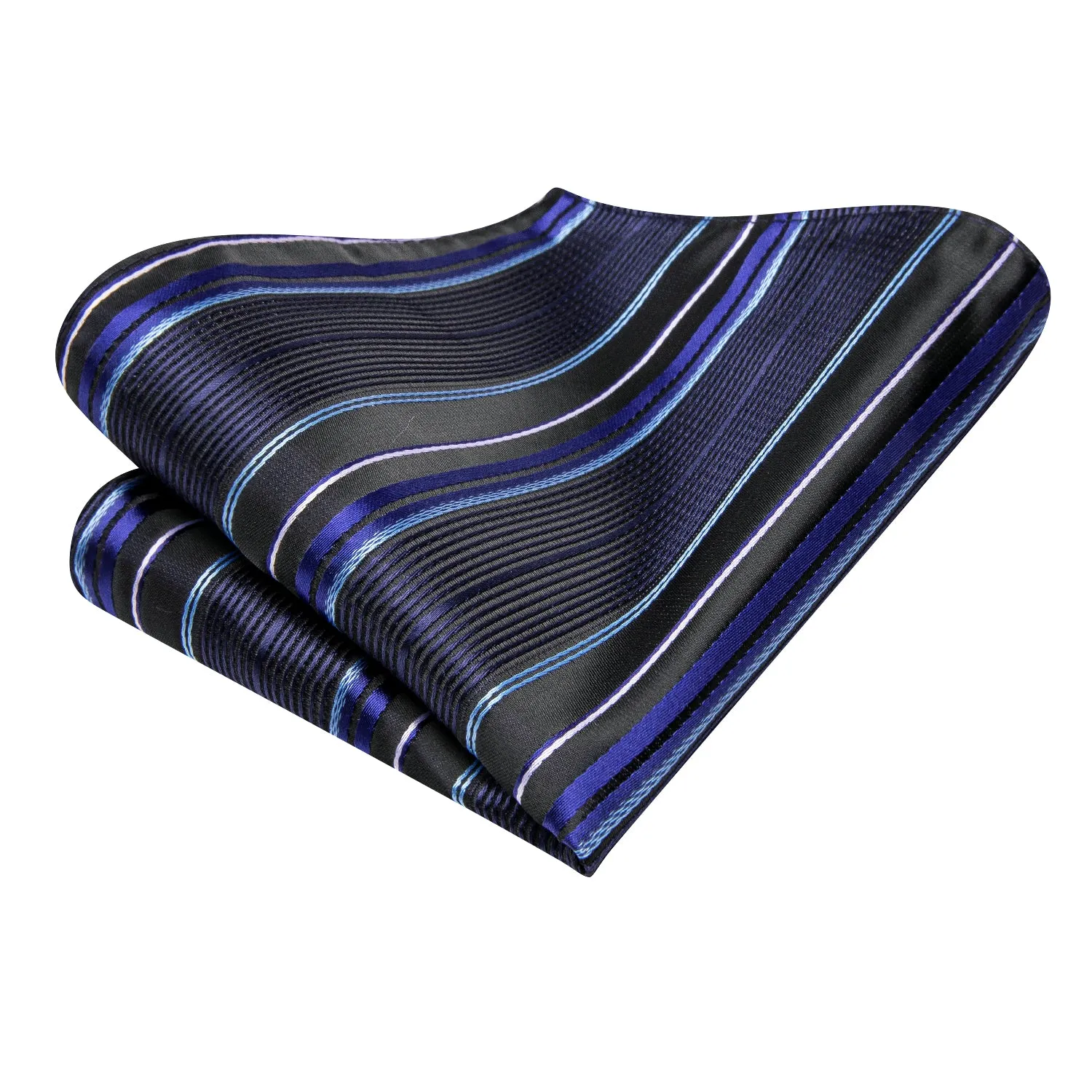 Hi-Tie Black Blue Mens Necktie Striped Tie Pocket Square Cufflinks Set