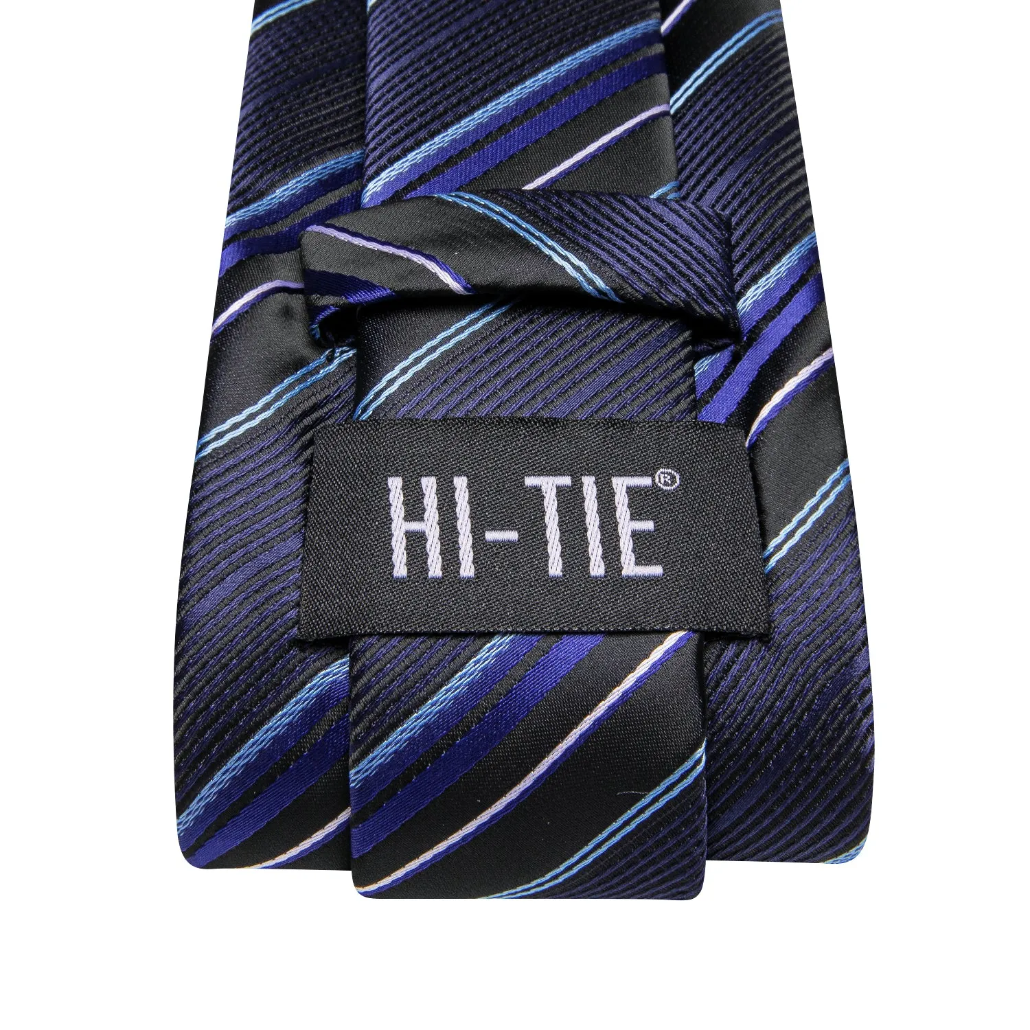 Hi-Tie Black Blue Mens Necktie Striped Tie Pocket Square Cufflinks Set