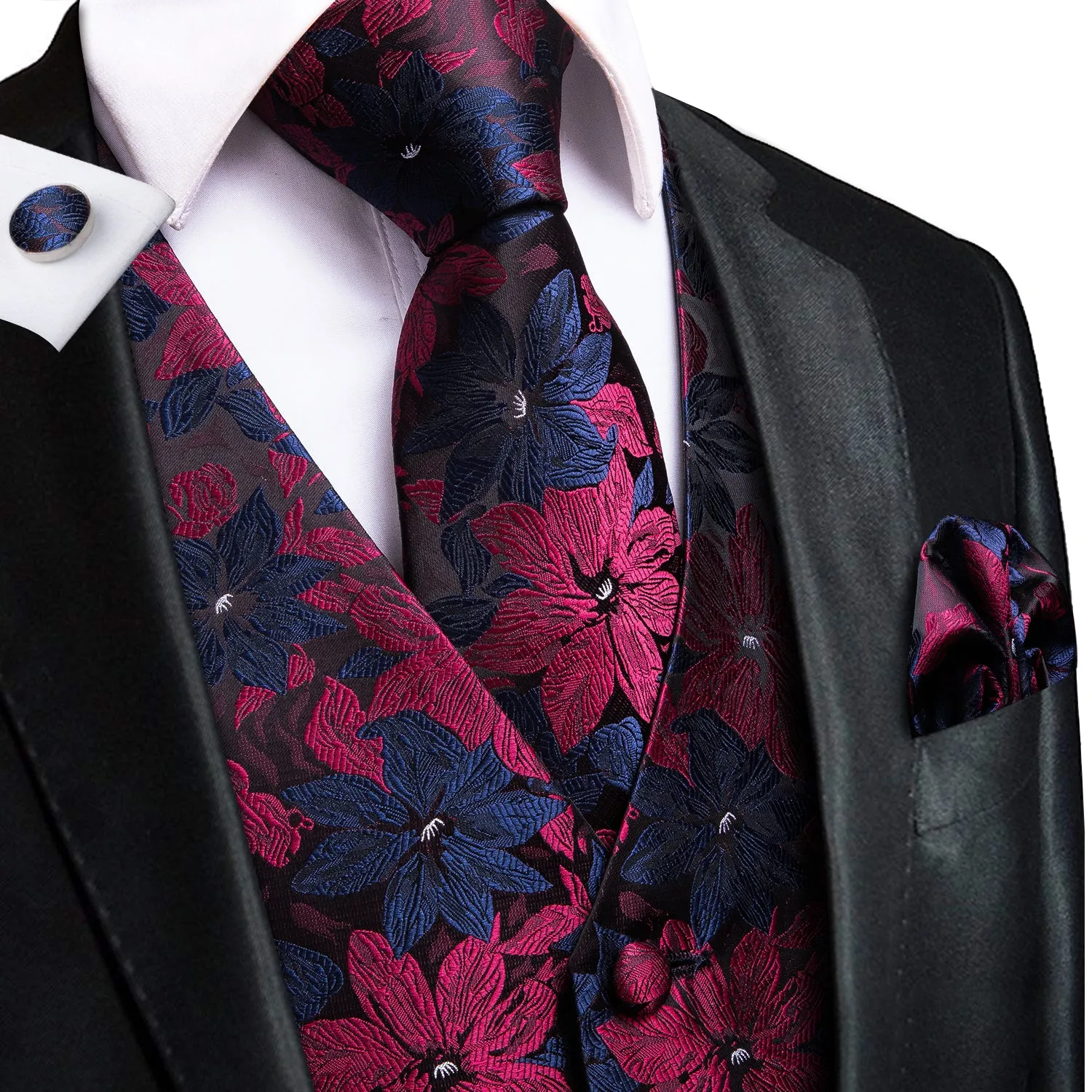 Hi-Tie Black Blue Red Floral Silk Men's Vest Set Waistcoat Suit Set