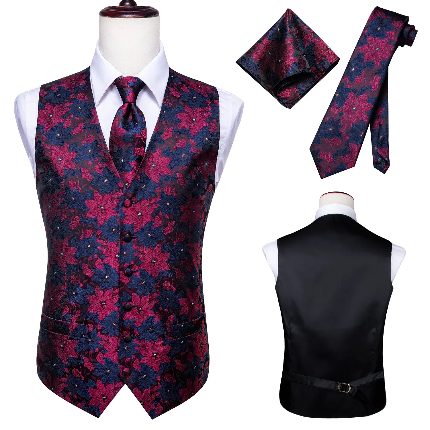 Hi-Tie Black Blue Red Floral Silk Men's Vest Set Waistcoat Suit Set