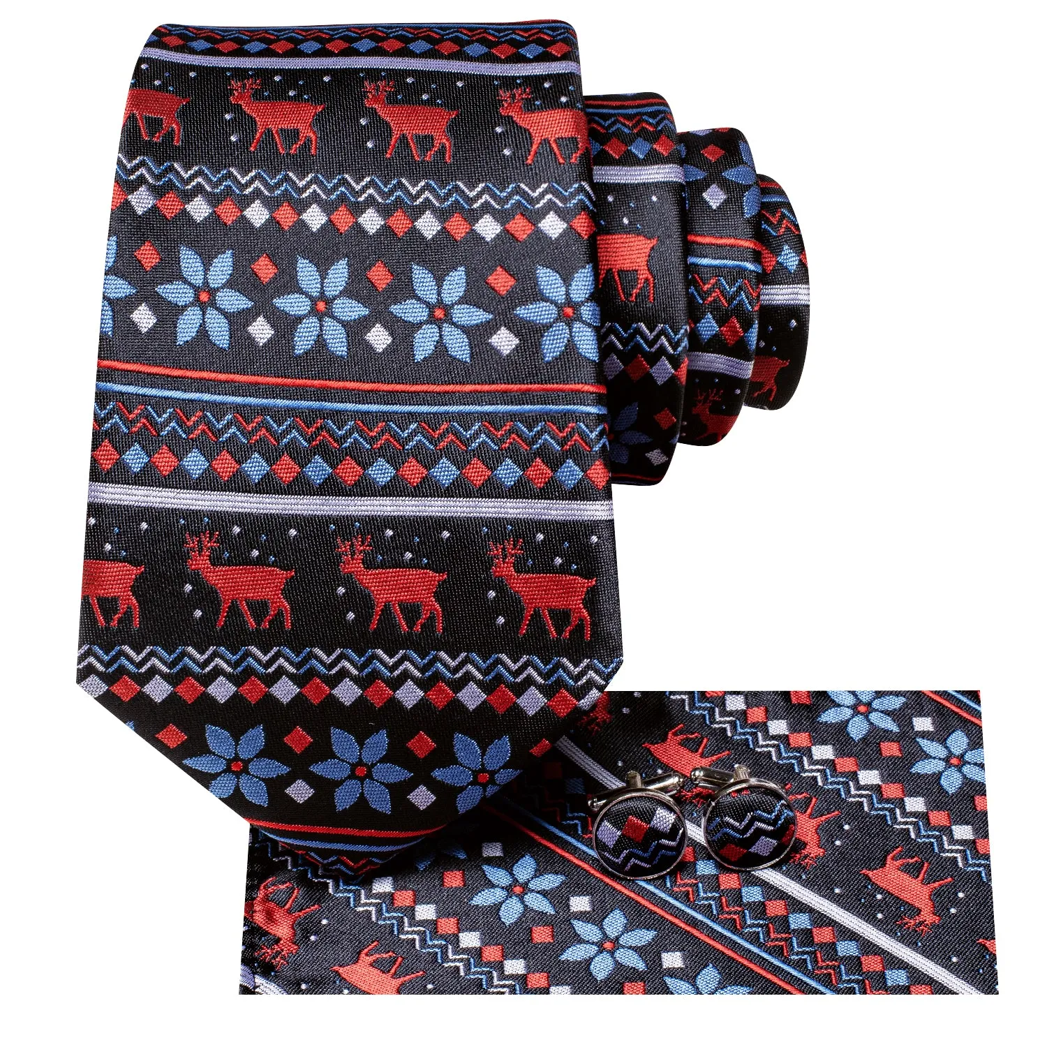 Hi-Tie Black Blue Red Novelty Xmas Necktie Pocket Square Cufflinks Set