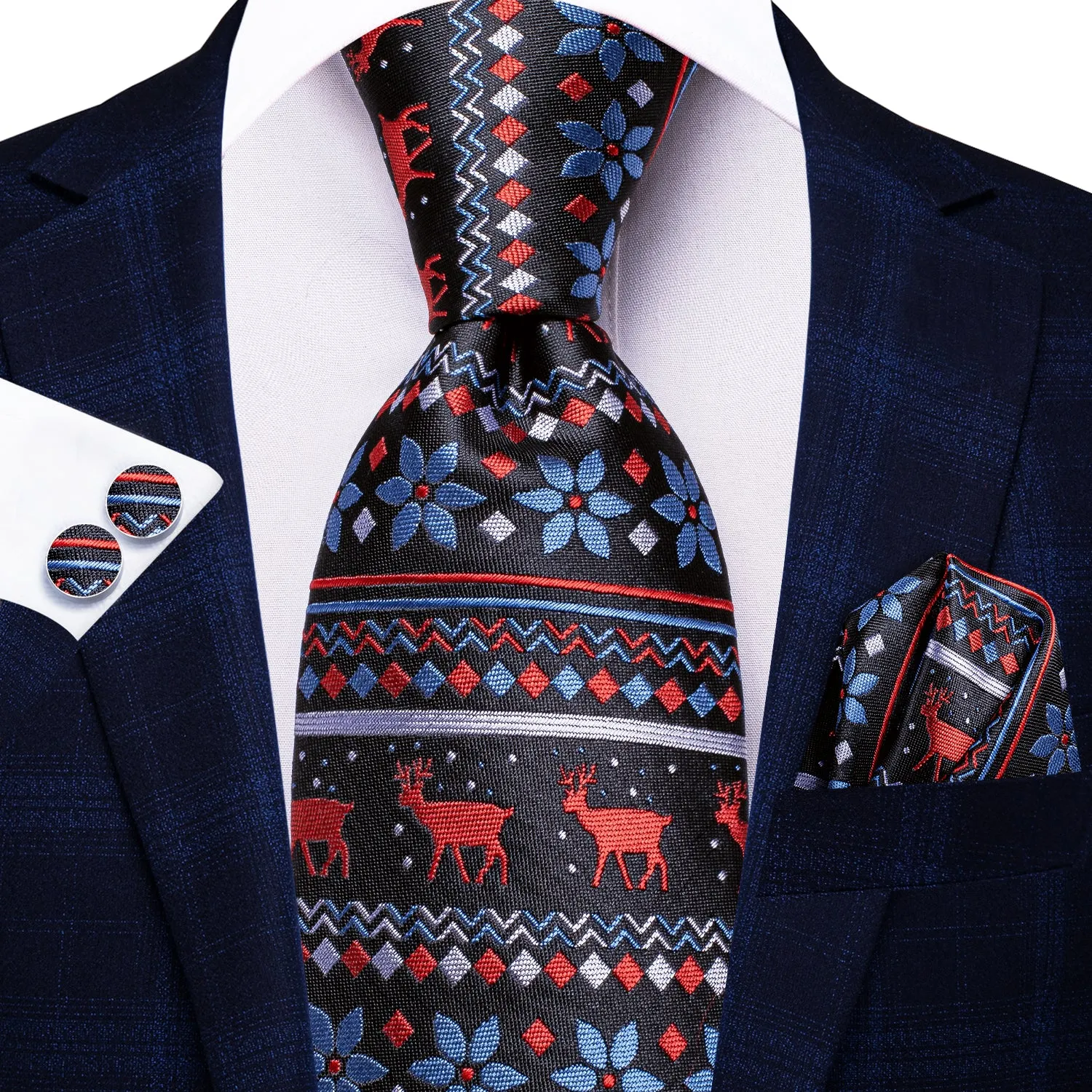 Hi-Tie Black Blue Red Novelty Xmas Necktie Pocket Square Cufflinks Set