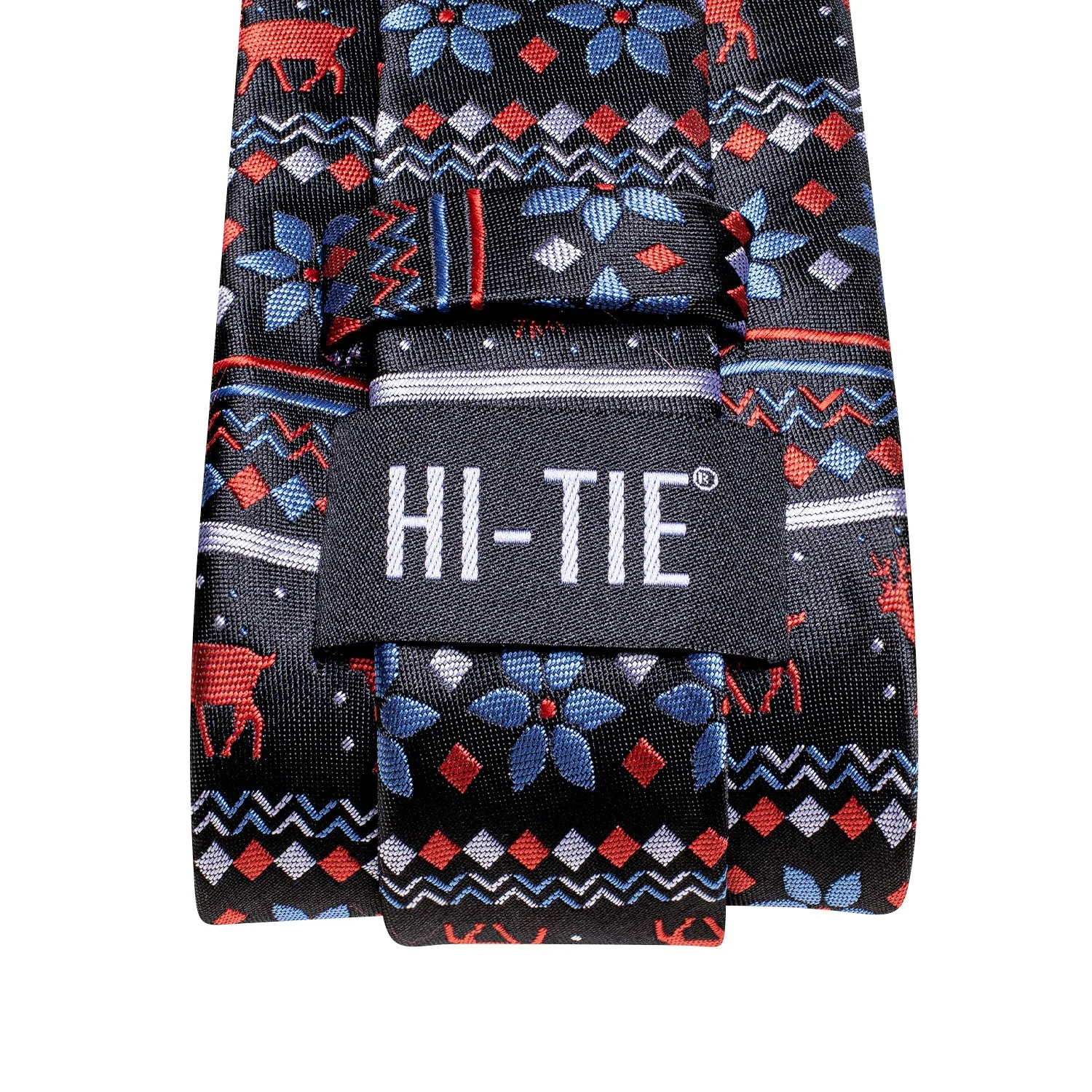 Hi-Tie Black Blue Red Novelty Xmas Necktie Pocket Square Cufflinks Set