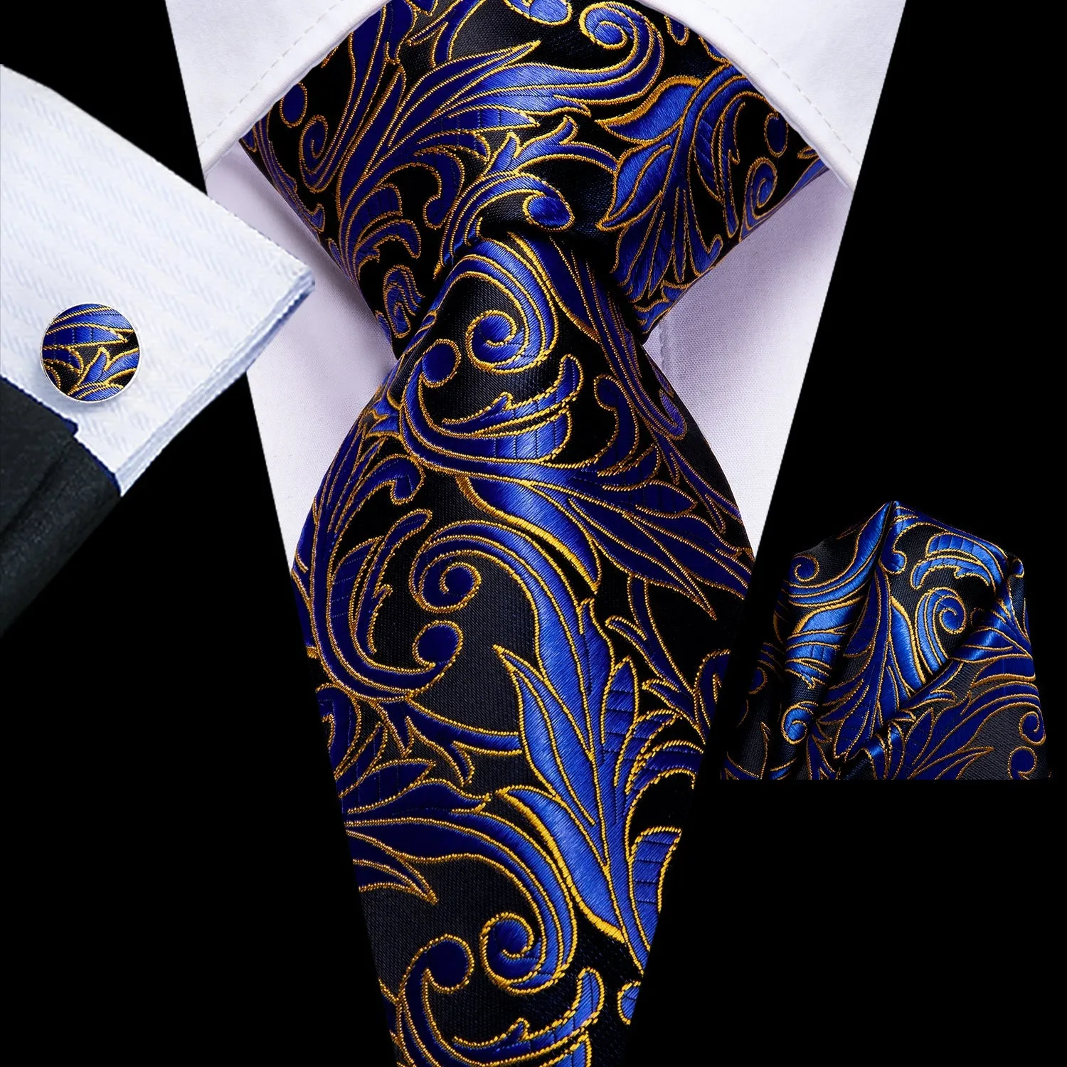 Hi-Tie Black Blue Yellow Floral Tie Hanky Cufflinks Set Wedding Brooch