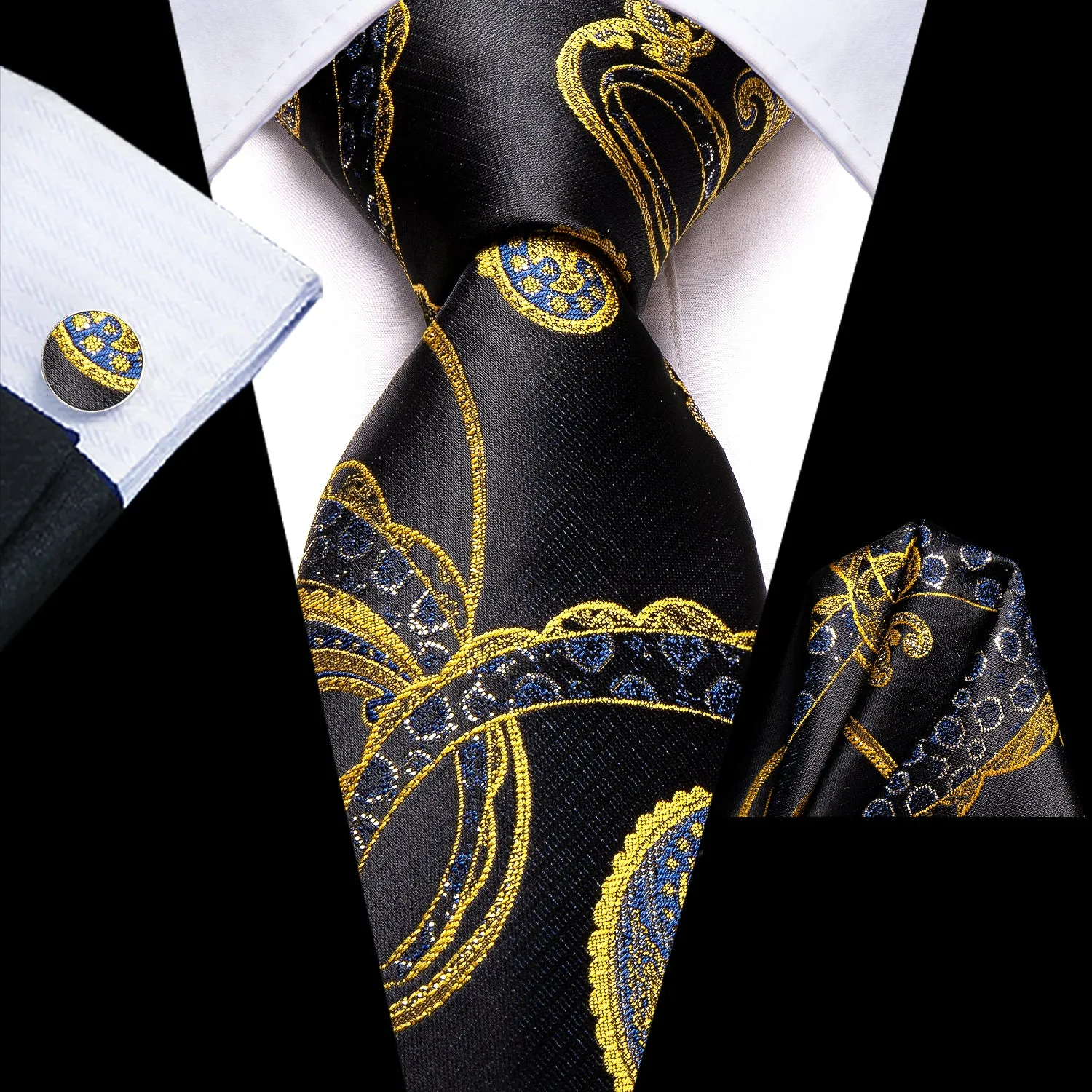 Hi-Tie Black Golden Blue Floral Necktie Pocket Square Cufflinks Set