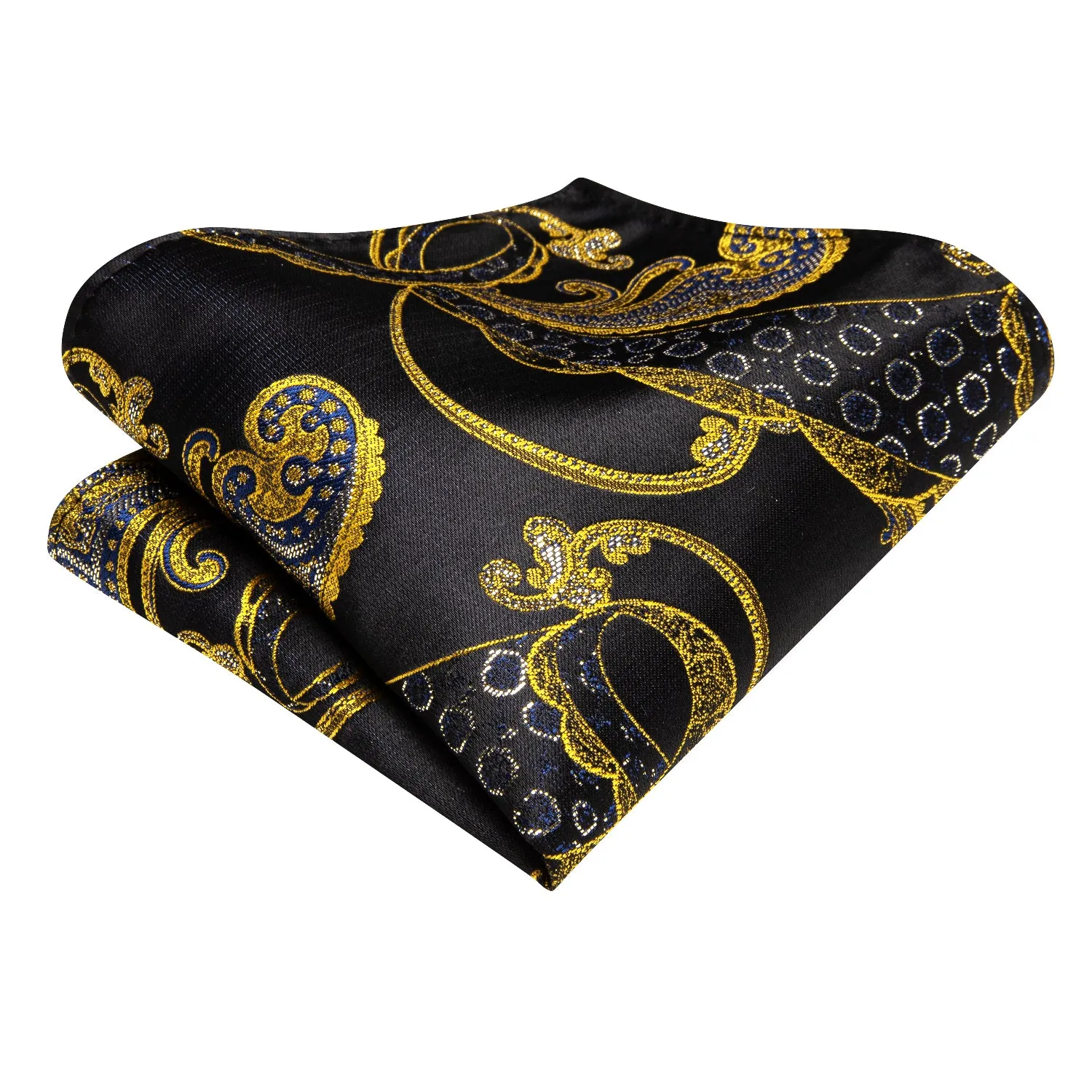 Hi-Tie Black Golden Blue Floral Necktie Pocket Square Cufflinks Set