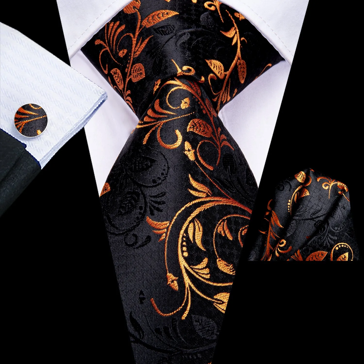 Hi-Tie Black Golden Floral Tie Pocket Square Cufflinks Set