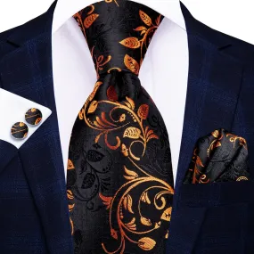 Hi-Tie Black Golden Floral Tie Pocket Square Cufflinks Set