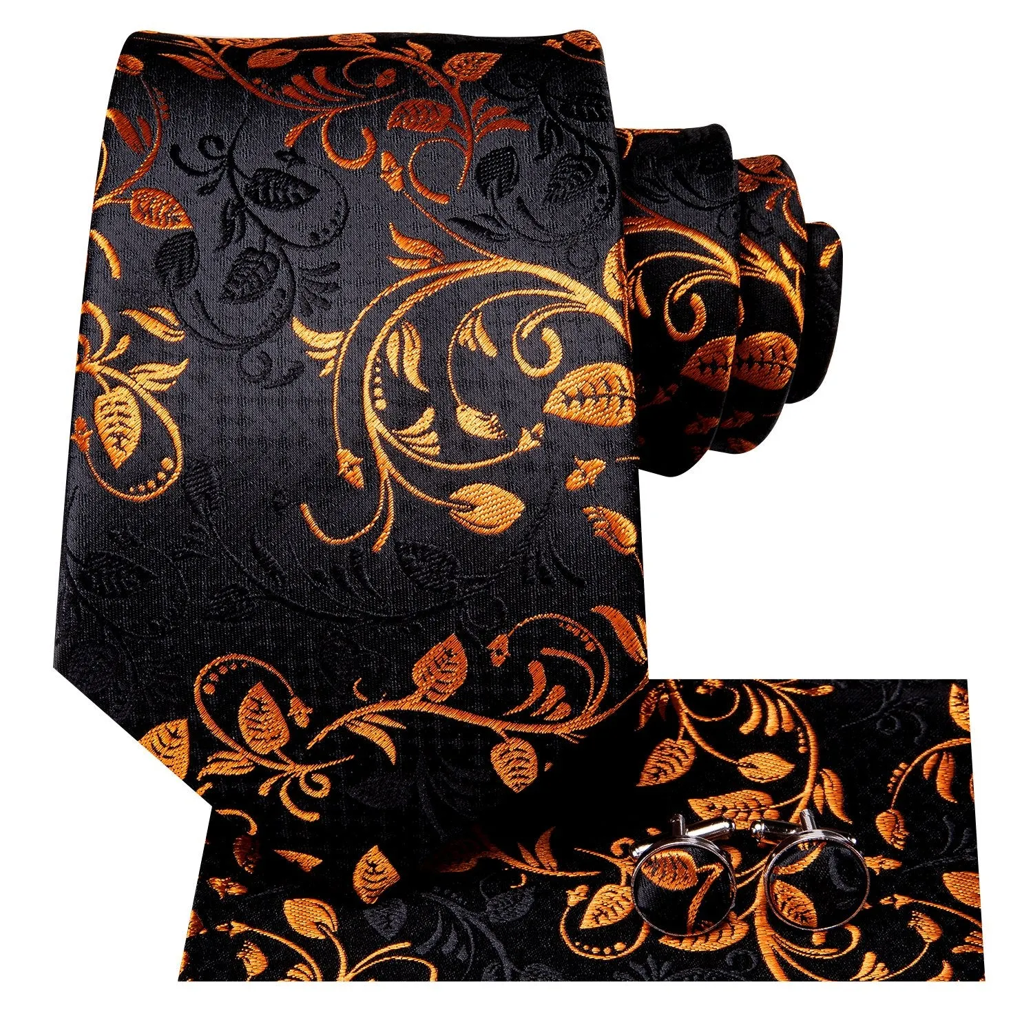 Hi-Tie Black Golden Floral Tie Pocket Square Cufflinks Set