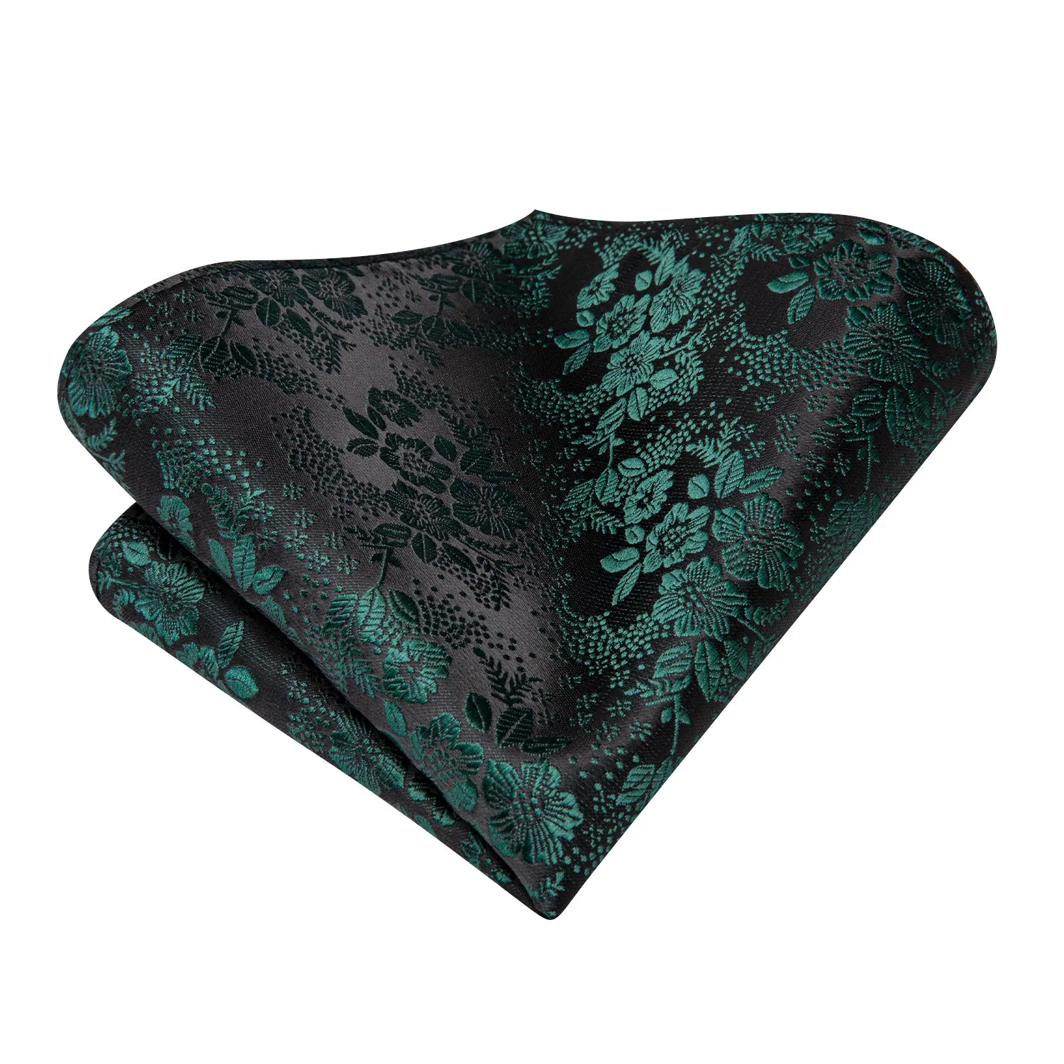 Hi-Tie Black Green Flower Men's Tie Pocket Square Cufflinks Set