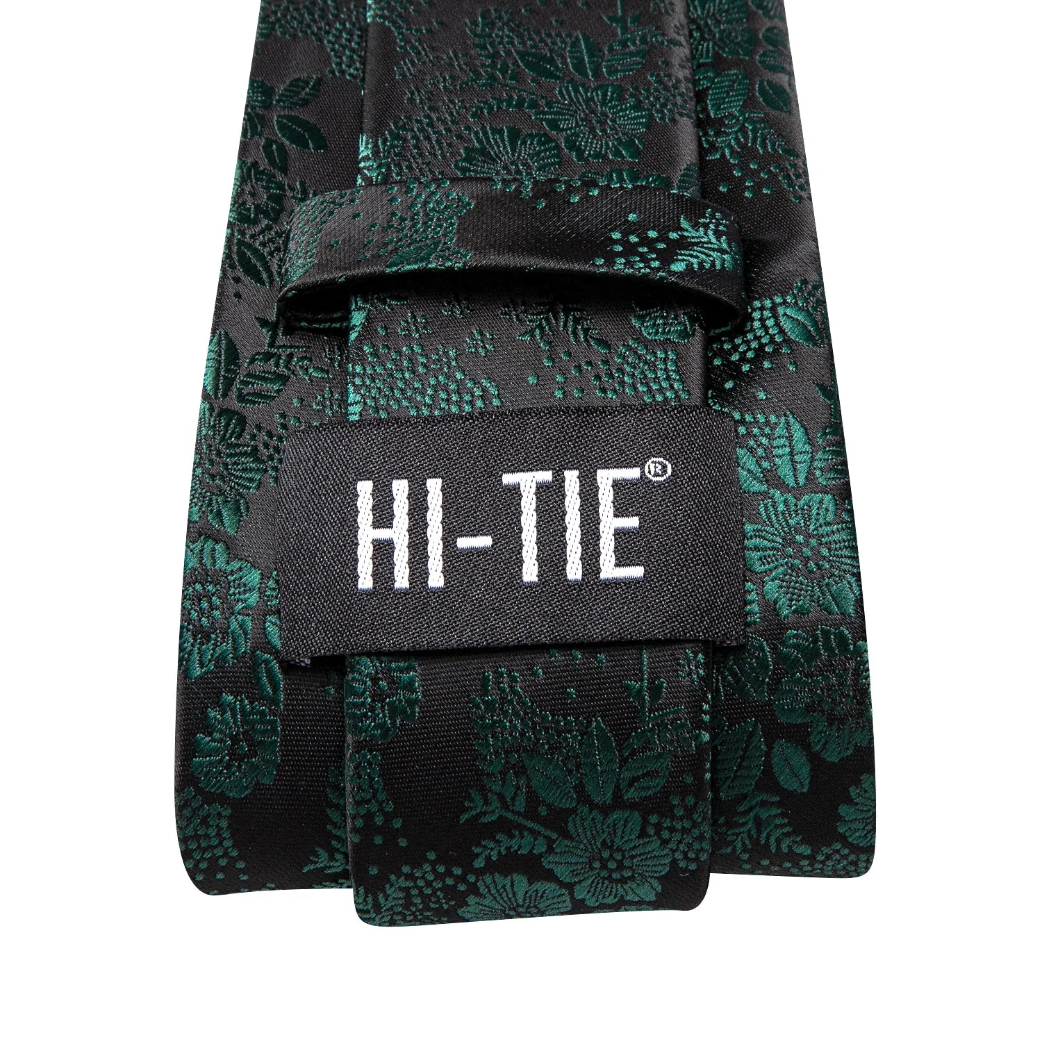 Hi-Tie Black Green Flower Men's Tie Pocket Square Cufflinks Set