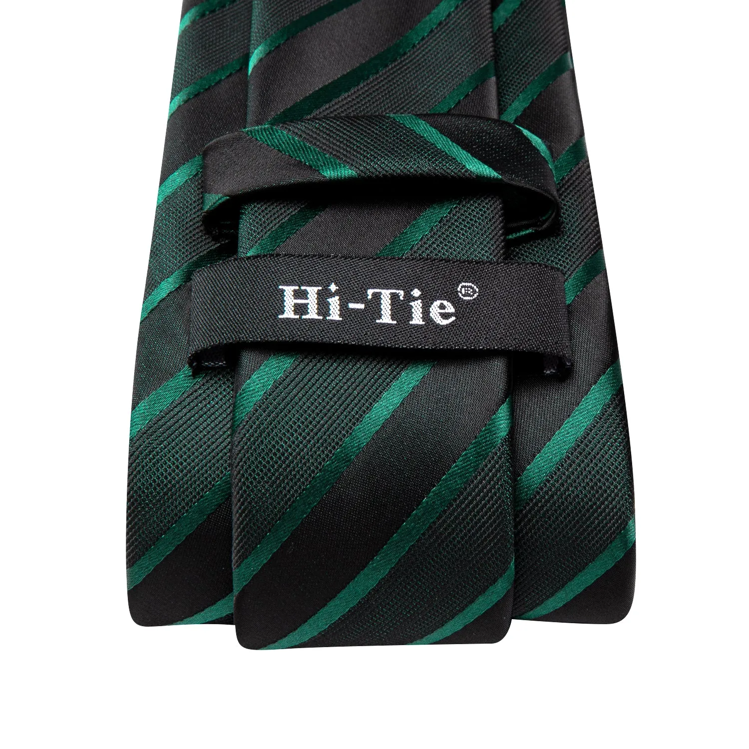 Hi-Tie Black Green Striped Men's Tie Pocket Square Cufflinks Set