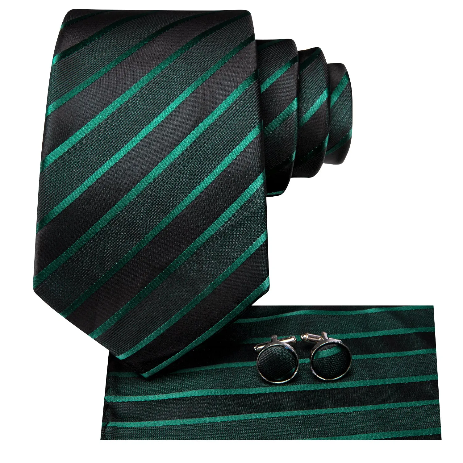 Hi-Tie Black Green Striped Men's Tie Pocket Square Cufflinks Set