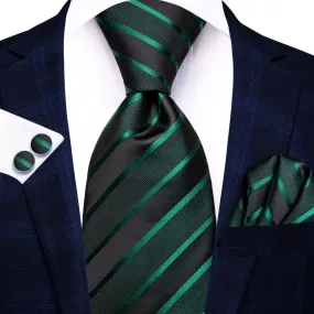 Hi-Tie Black Green Striped Men's Tie Pocket Square Cufflinks Set