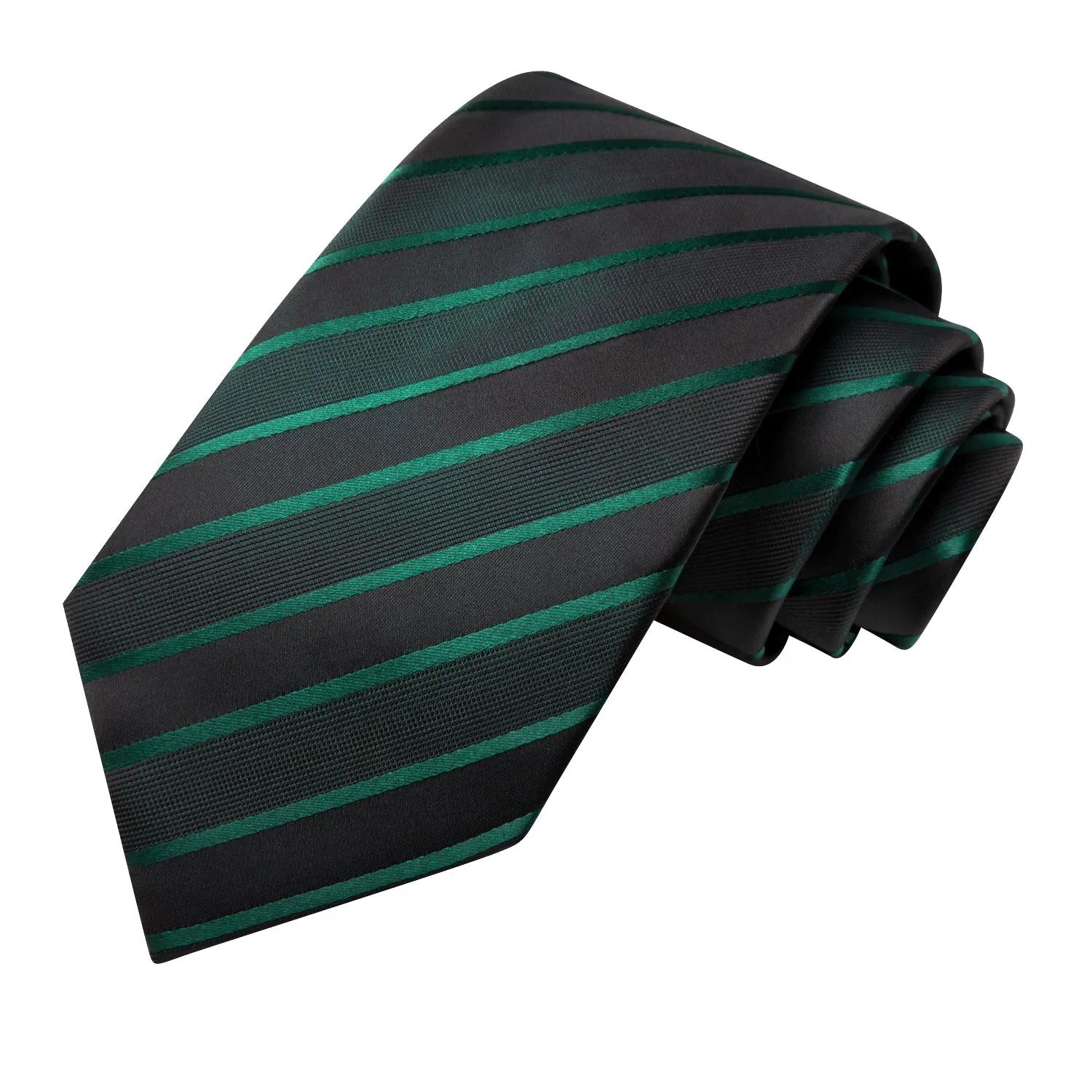 Hi-Tie Black Green Striped Men's Tie Pocket Square Cufflinks Set