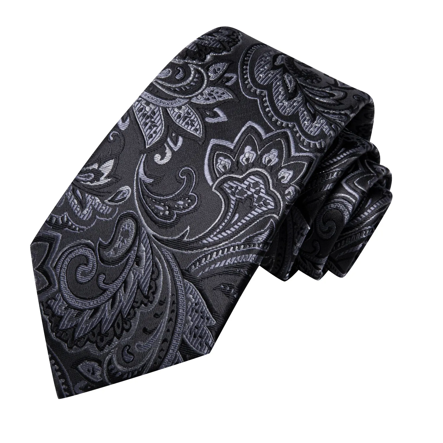 Hi-Tie Black Grey Paisley Men's Tie Pocket Square Cufflinks Set