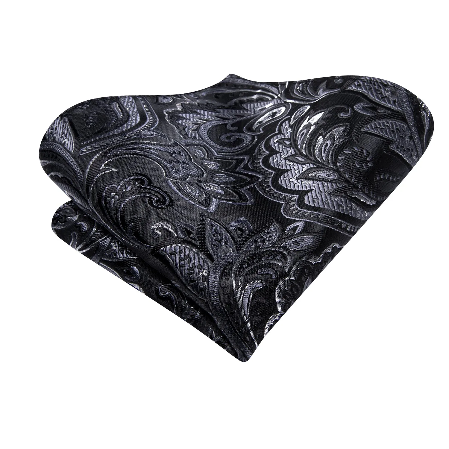 Hi-Tie Black Grey Paisley Men's Tie Pocket Square Cufflinks Set