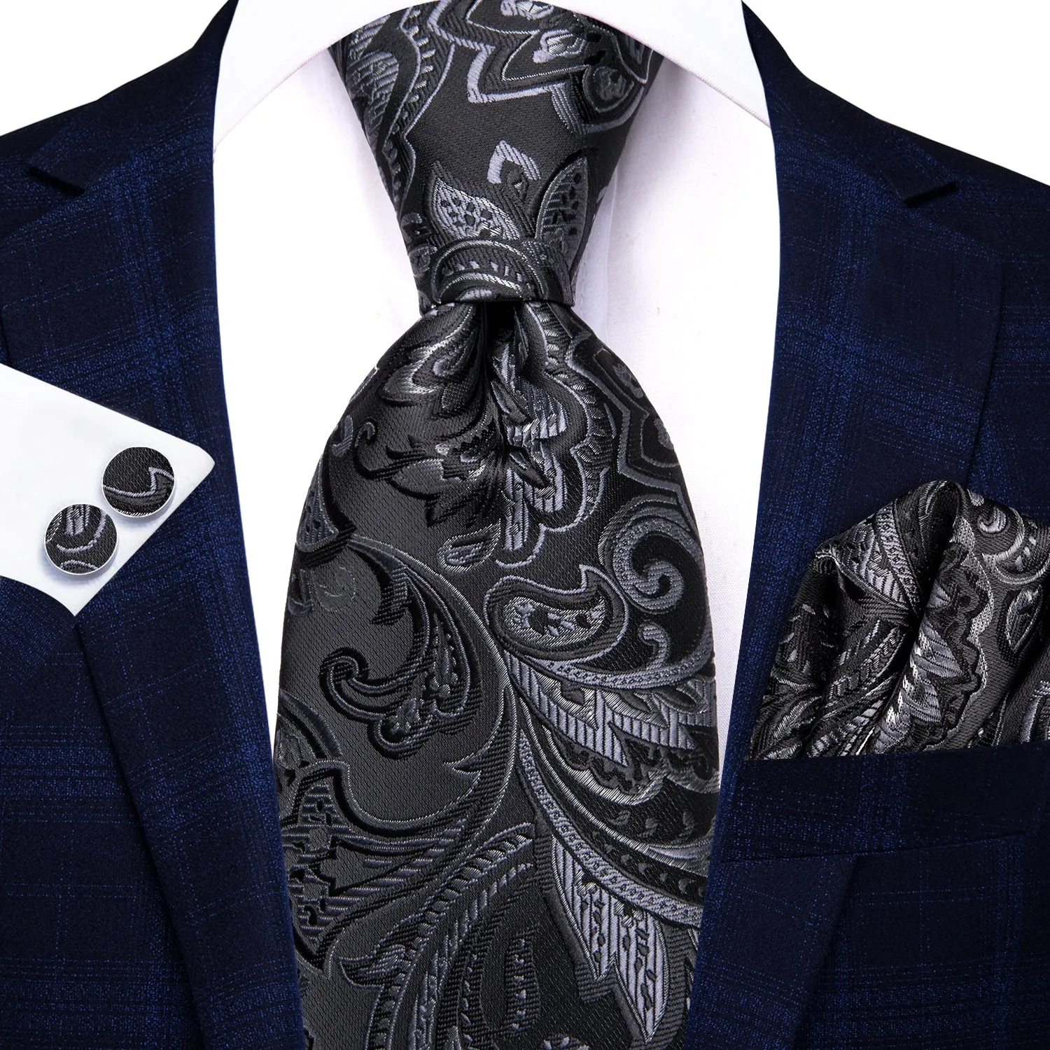 Hi-Tie Black Grey Paisley Men's Tie Pocket Square Cufflinks Set