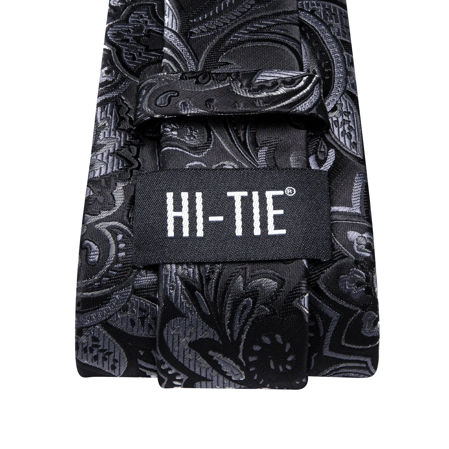 Hi-Tie Black Grey Paisley Men's Tie Pocket Square Cufflinks Set