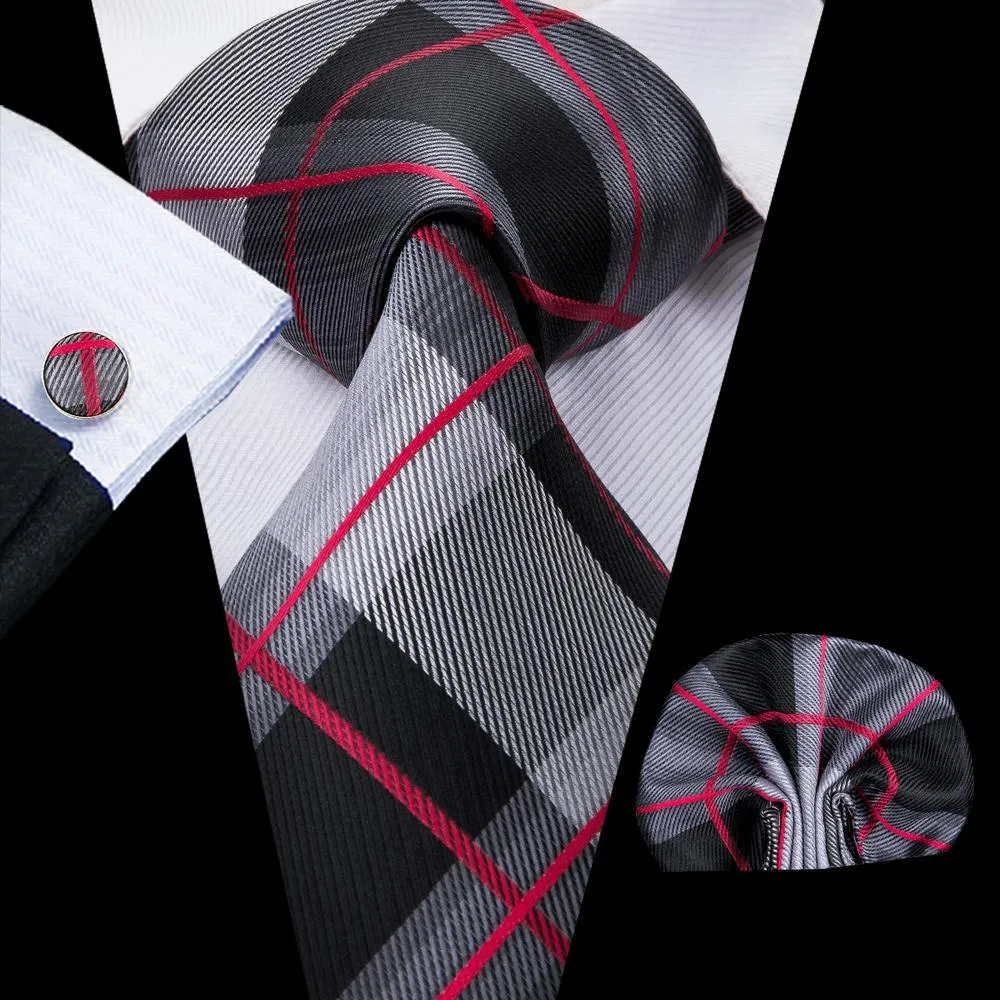 Hi-Tie Black Grey Red Plaid Men's Tie Pocket Square Cufflinks Set