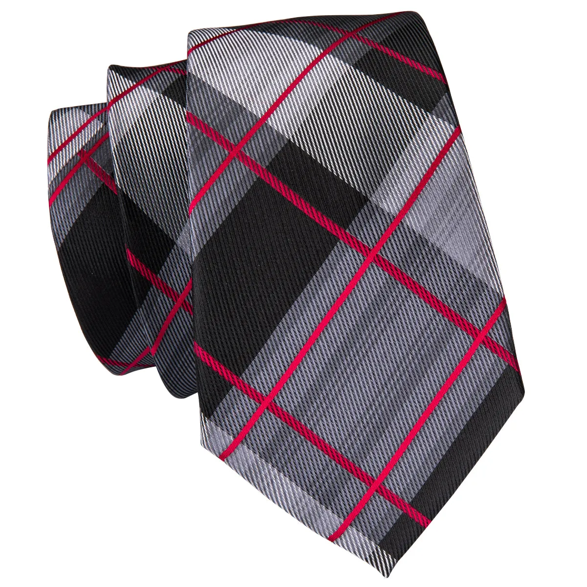 Hi-Tie Black Grey Red Plaid Men's Tie Pocket Square Cufflinks Set