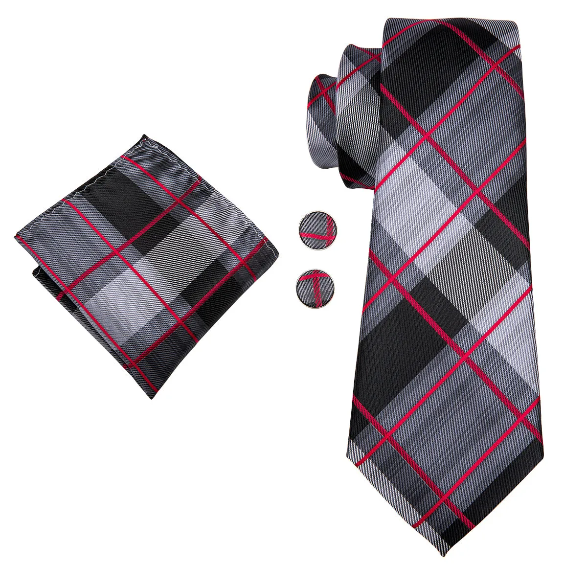 Hi-Tie Black Grey Red Plaid Men's Tie Pocket Square Cufflinks Set