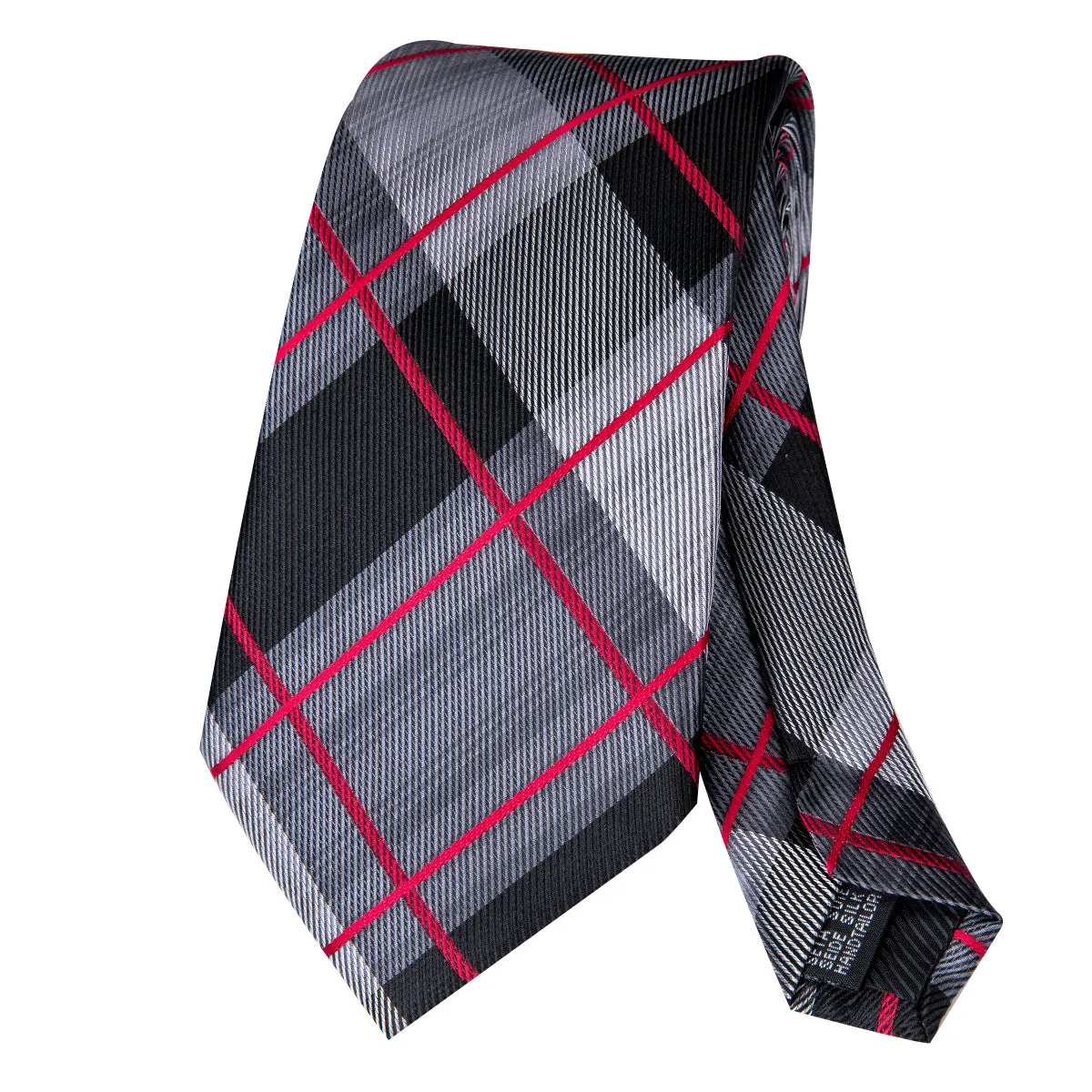 Hi-Tie Black Grey Red Plaid Men's Tie Pocket Square Cufflinks Set