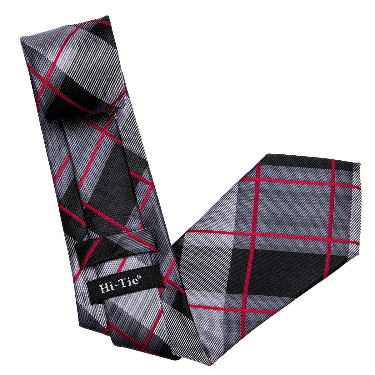 Hi-Tie Black Grey Red Plaid Men's Tie Pocket Square Cufflinks Set