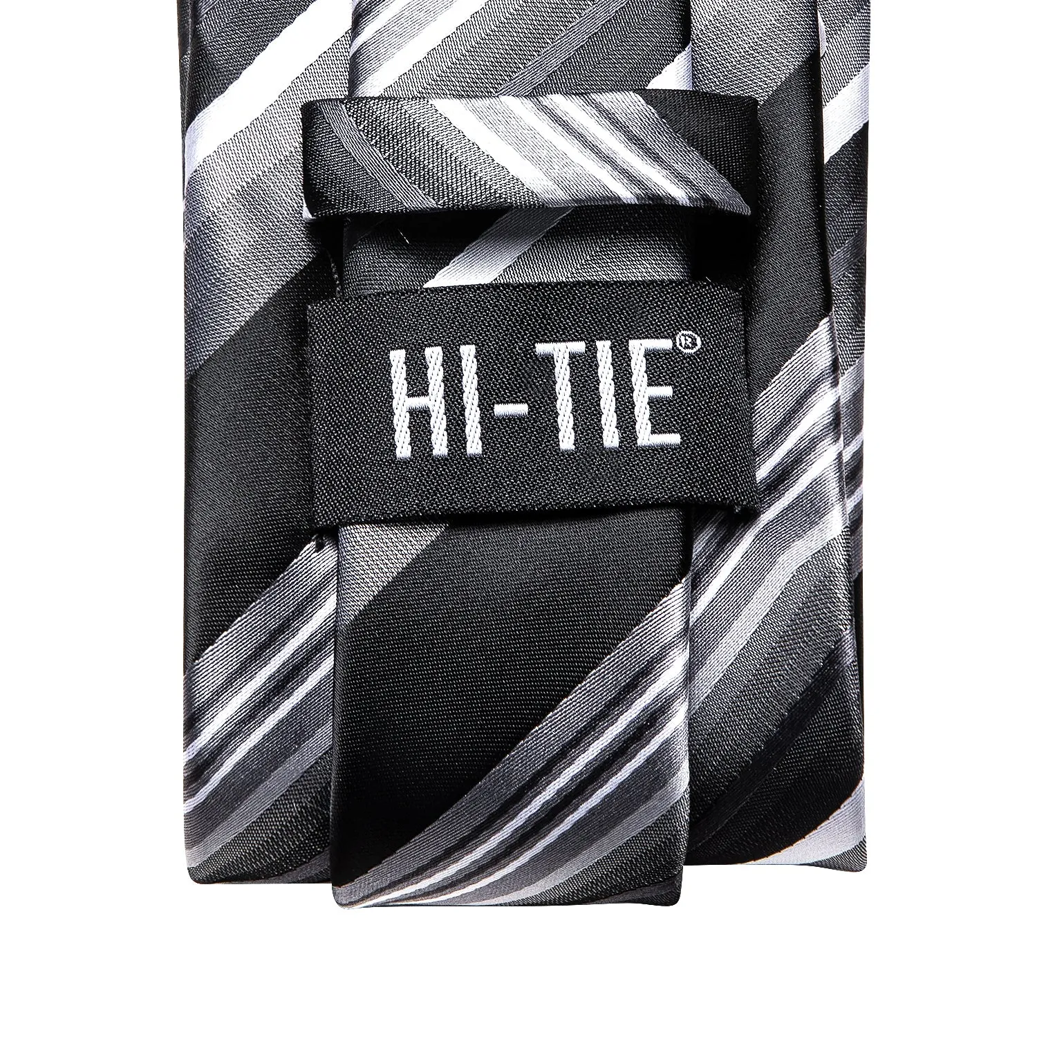 Hi-Tie Black Grey Striped Silk Mens Tie Pocket Square Cufflinks Set