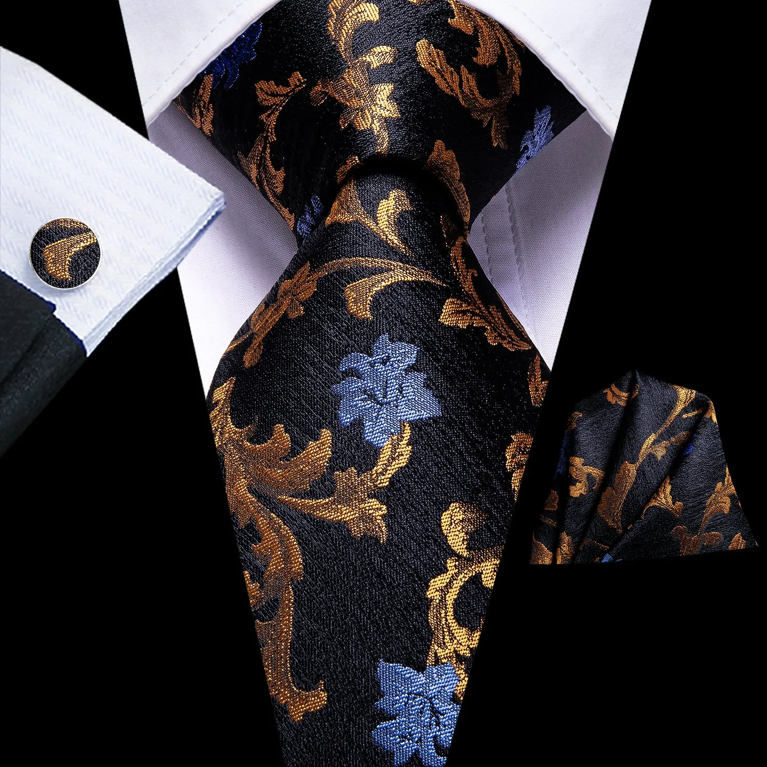 Hi-Tie Black Necktie Golden Floral Men Tie Pocket Square Cufflinks Set