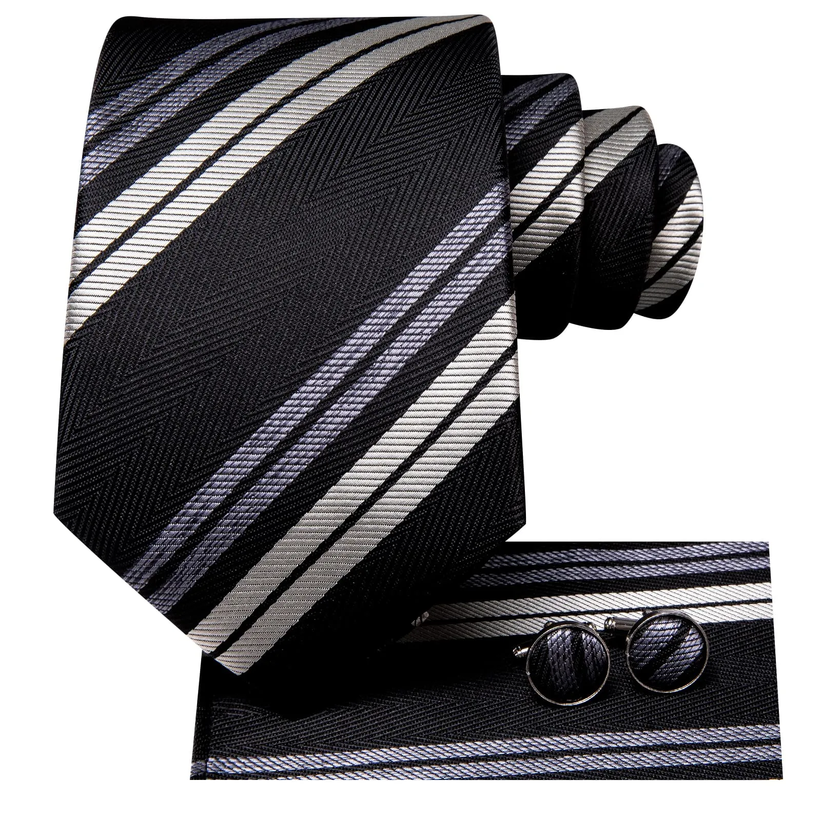 Hi-Tie Black Necktie Grey White Striped Wedding Tie Hanky Cufflink Set