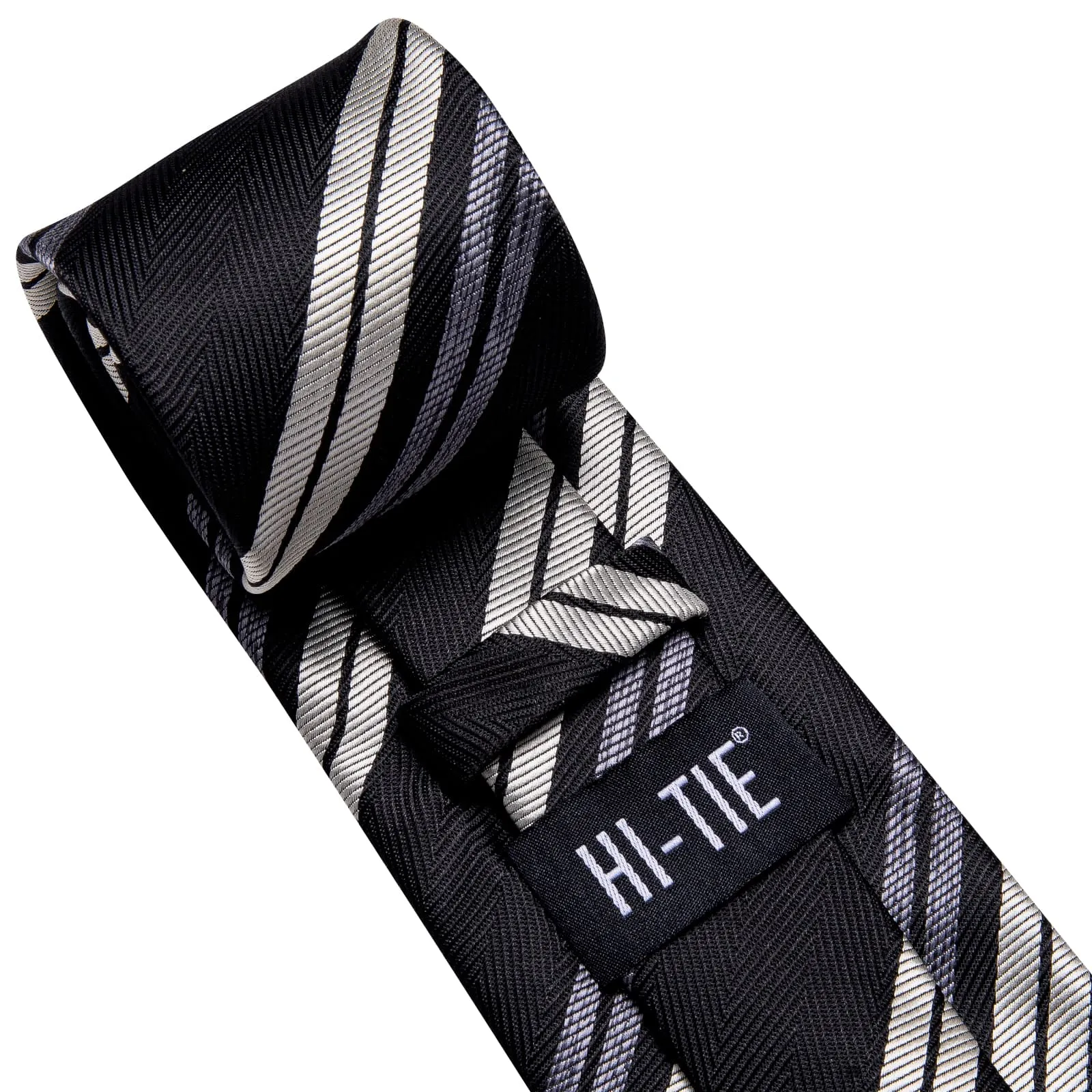 Hi-Tie Black Necktie Grey White Striped Wedding Tie Hanky Cufflink Set