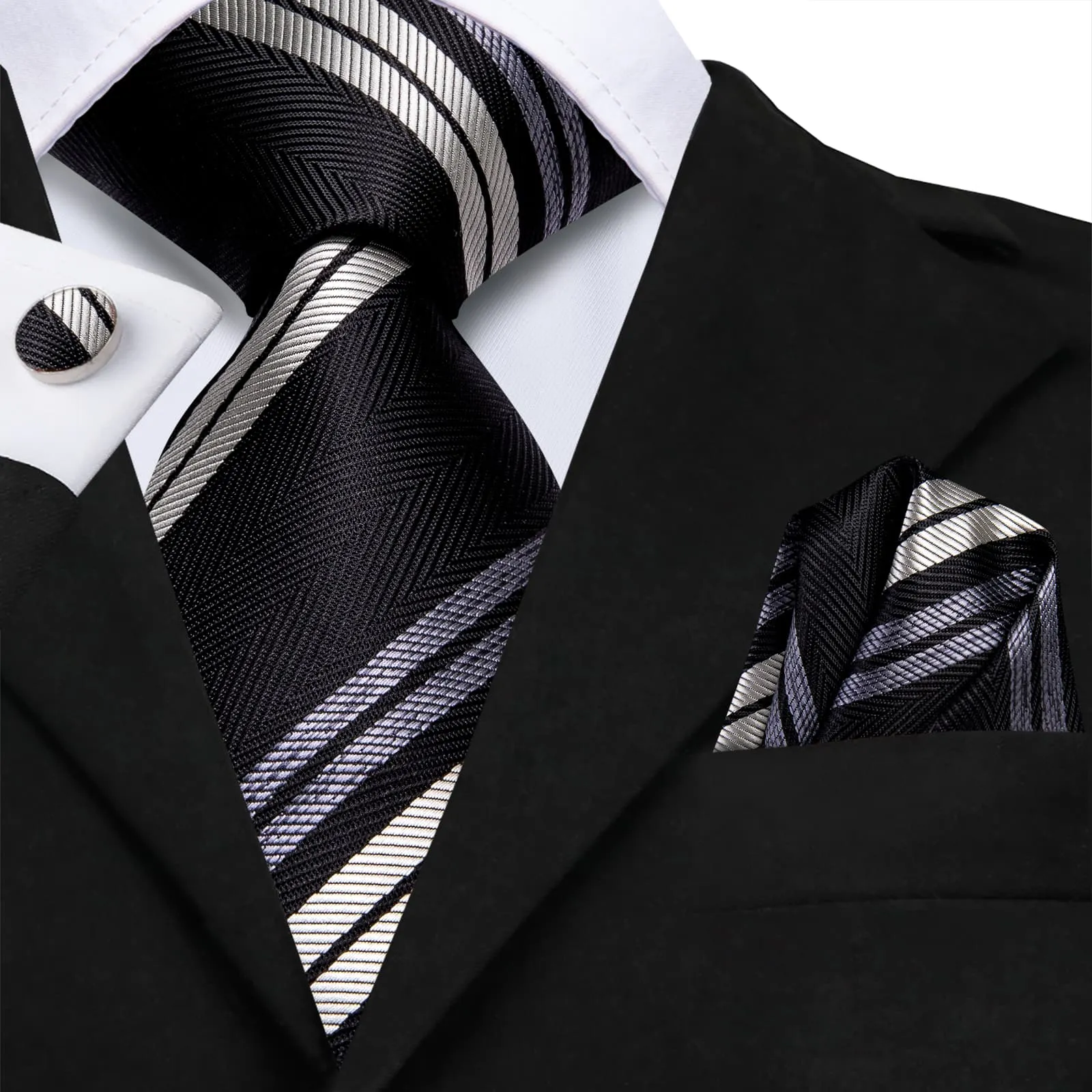 Hi-Tie Black Necktie Grey White Striped Wedding Tie Hanky Cufflink Set