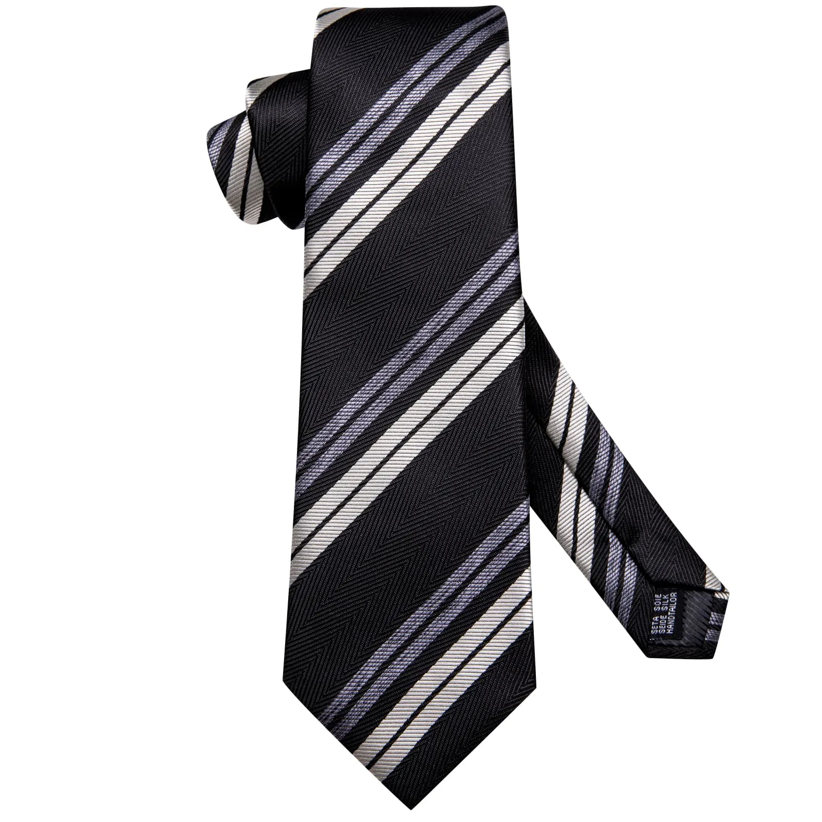 Hi-Tie Black Necktie Grey White Striped Wedding Tie Hanky Cufflink Set