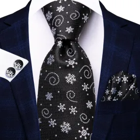 Hi-Tie Black Necktie White Snowflake Tie Pocket Square Cufflinks Set